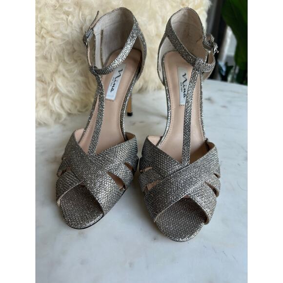 Nina New York Silver Sparkle Strappy Heels 9.5 - Picture 2 of 8